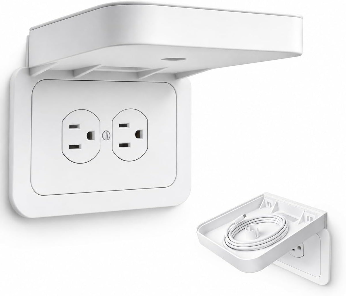 Horizontal Duplex Outlet Shelf Wall Holder, 1 Pack, Built-In Cord Storage