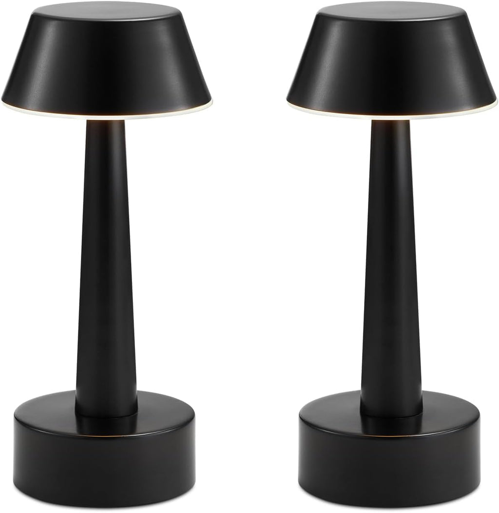 2 Pack Small Cordless Table Lamp for Restaurant, Black Metal Lamp