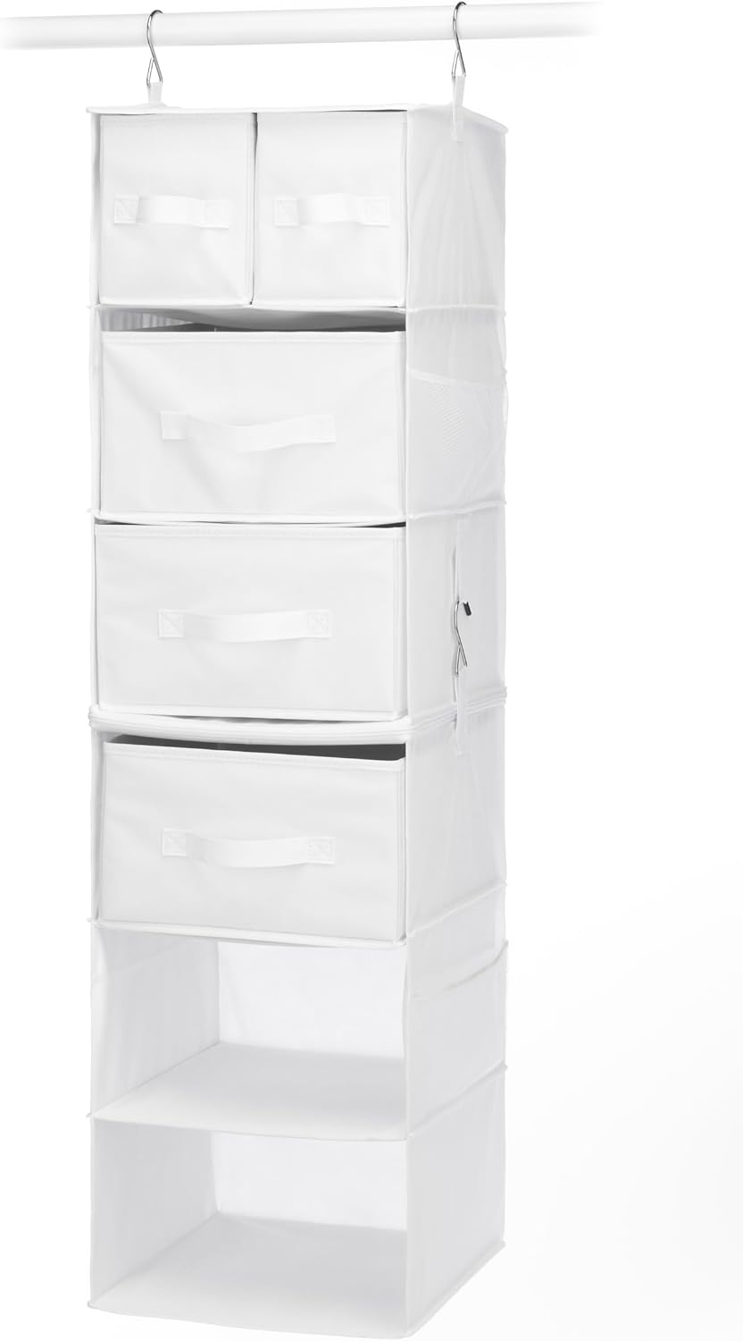 Whitmor Multi-Functional Hanging Organizer with Drawer Inserts- 5 Section - Closet Organizer - White