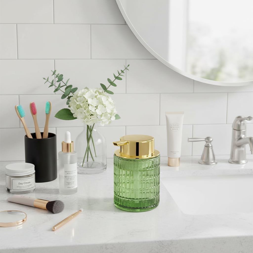 Foam Soap Dispenser, Green Glass Foaming Soap Dispenser, 10 Oz Refillable Hand Soap Dispenser Liquid Lotion Pump Container Ribbed Bottle for Bathroom Countertop Decor
