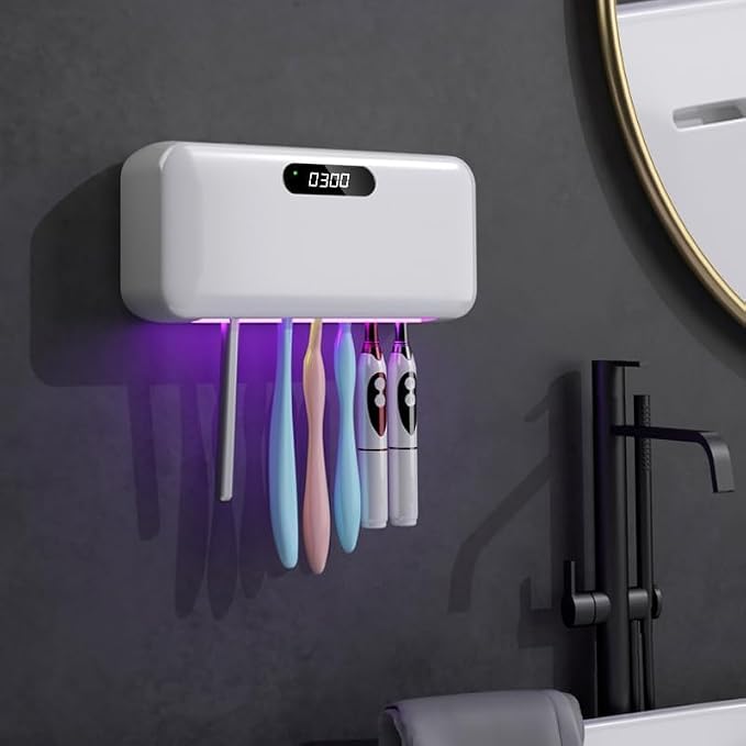 UV Toothbrush Sanitizer and Holder for Bathroom, 5 Toothbrush Slots for Family with Fan and PTC Heat Drying, Type-C Charging, No-Drill Wall Mount
