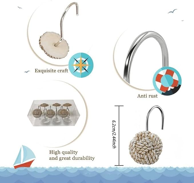 Gracelife Home Decorative Shower Curtain Hooks Seaside Off-White Nautical Metal Shower Curtain Hangers Bathroom Accessories