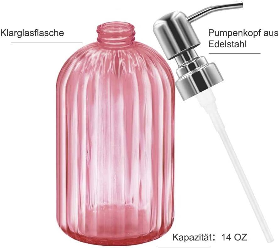 14 Oz Glass Soap Dispenser with 304 Rust Proof Stainless Steel Pump, Refillable Hand Liquid Soap Dispenser for Bathroom, Kitchen, Countertop, Laundry Room (Pink)