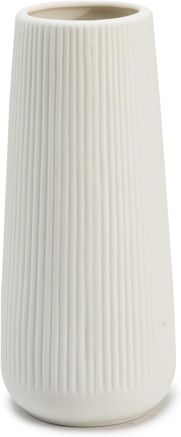 Ceramic Vase for Flower, Pampas Grass Vase, 7.8''H Ribbed Decor Vase, White