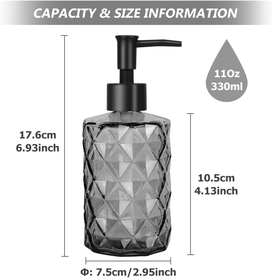 4pcs Black Glass Soap Dispenser Set, 11oz/330ml Diamond Hand Soap Dispenser