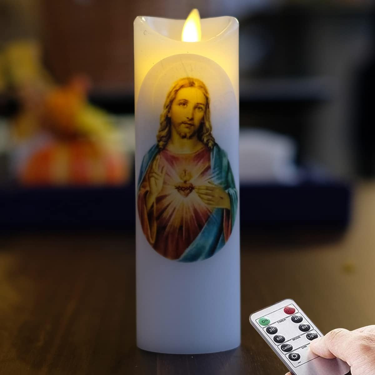Sacred Heart of Jesus Flameless Prayer Candle, Real Wax, Moving Wick, Jesus Devotion Flicker Bright Candles, Battery Operated with Remote Timer Function