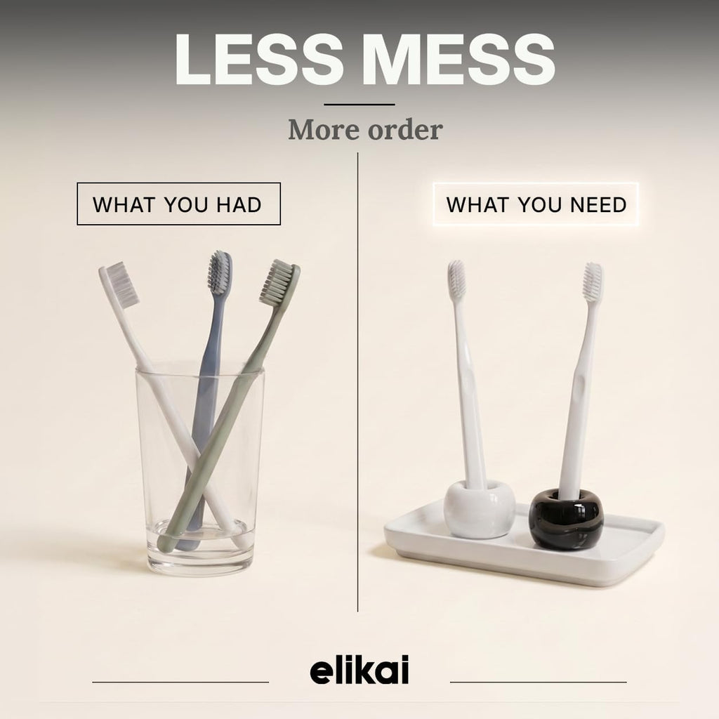 ELIKAI Ceramic Toothbrush Holders with Bathroom Tray, Countertop Organizer for Toothbrushes and Accessories, Hygienic Individual Holder Set (Black & White, 2 Pack)
