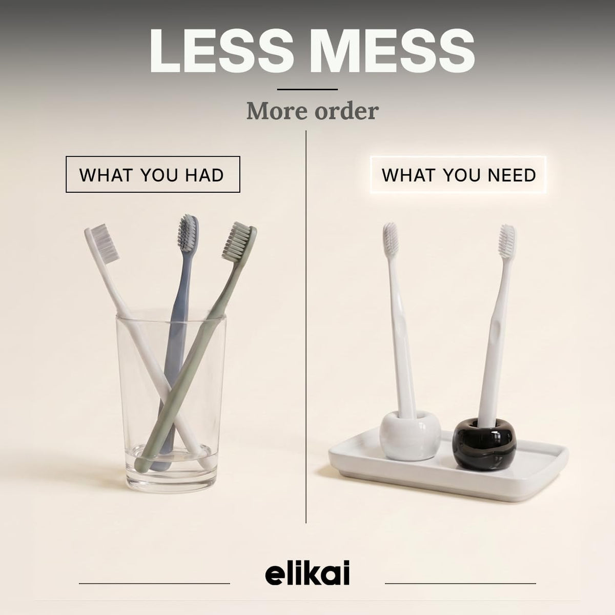 ELIKAI Ceramic Toothbrush Holders with Bathroom Tray, Countertop Organizer for Toothbrushes and Accessories, Hygienic Individual Holder Set (Black & White, 2 Pack)