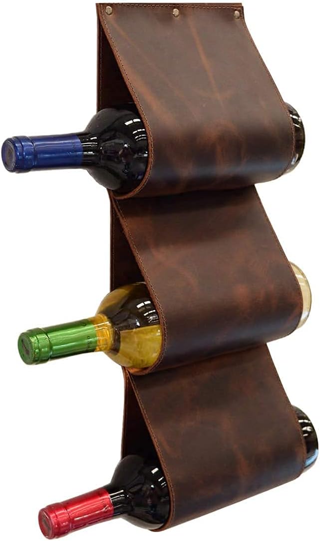 3 Bottle Wall Mounted Wine Rack. Space Saving Wine Rack, Leather Wall Wine Rack for Unique Wine Gifts for Wine Lovers. Wine Bottle Holder Doubles up as Leather Magazine Rack…