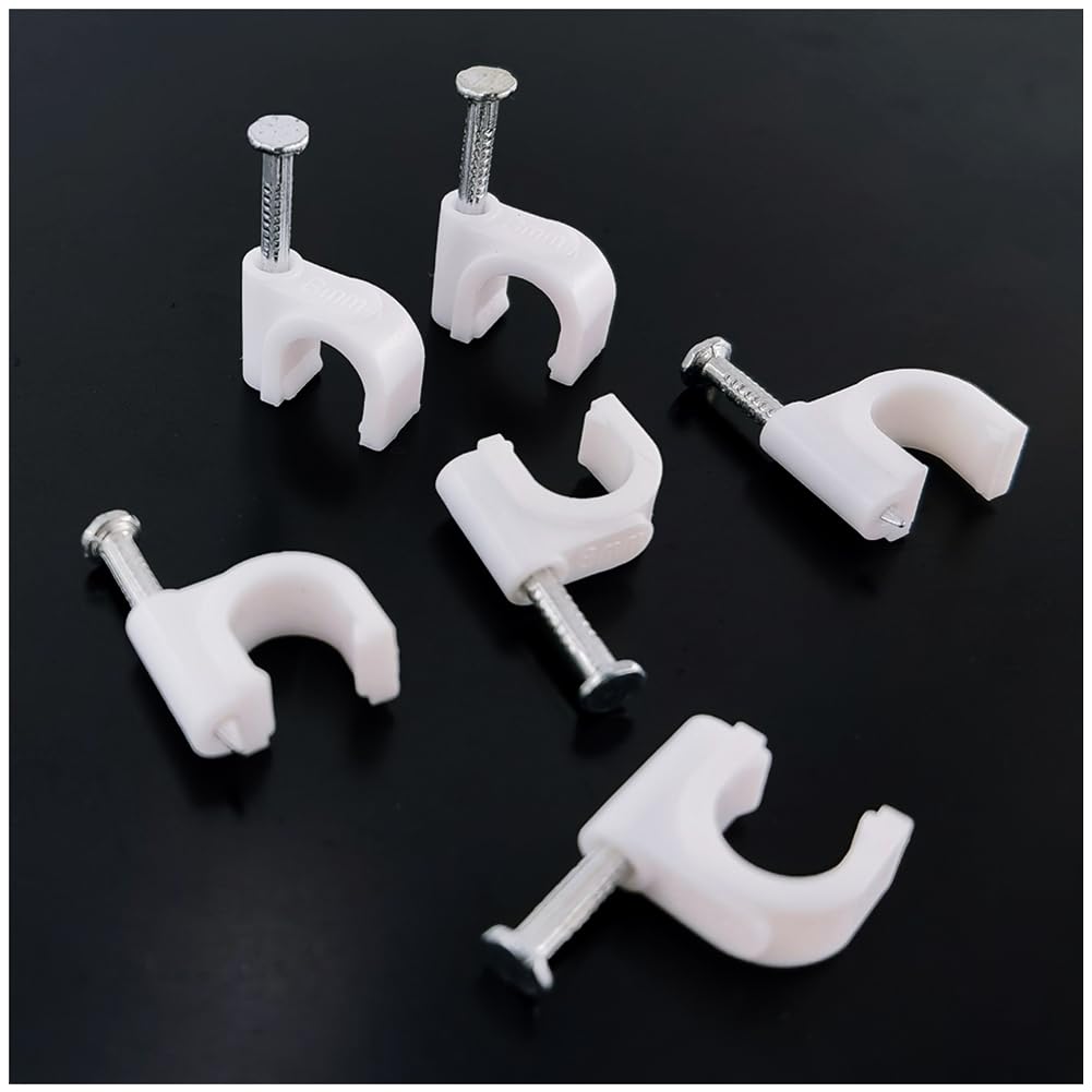 HS Cable Clips 8mm with Steel Nail 200 Pieces White,Ethernet Management U Shaped Wire Cord Staples Hooks for Outdoor Wall,Coax Cat7 RG8 Cable Extension Fasteners