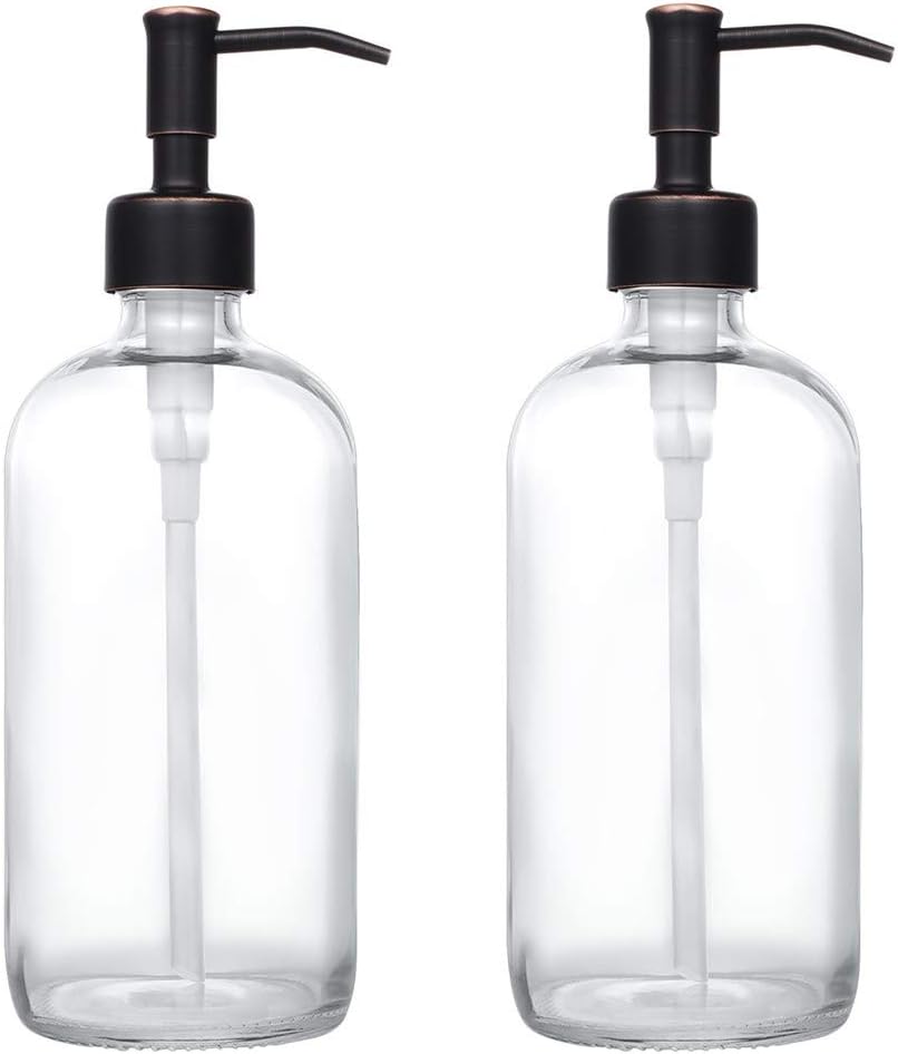 2 Pack Thick Clear Glass Pint Jar Soap Dispenser with Oil Rubbed Bronze Stainless Steel Pump, 16ounce Clear Boston Round Bottles Dispenser with Rustproof Pump for Essential Oil, Liquid Soap