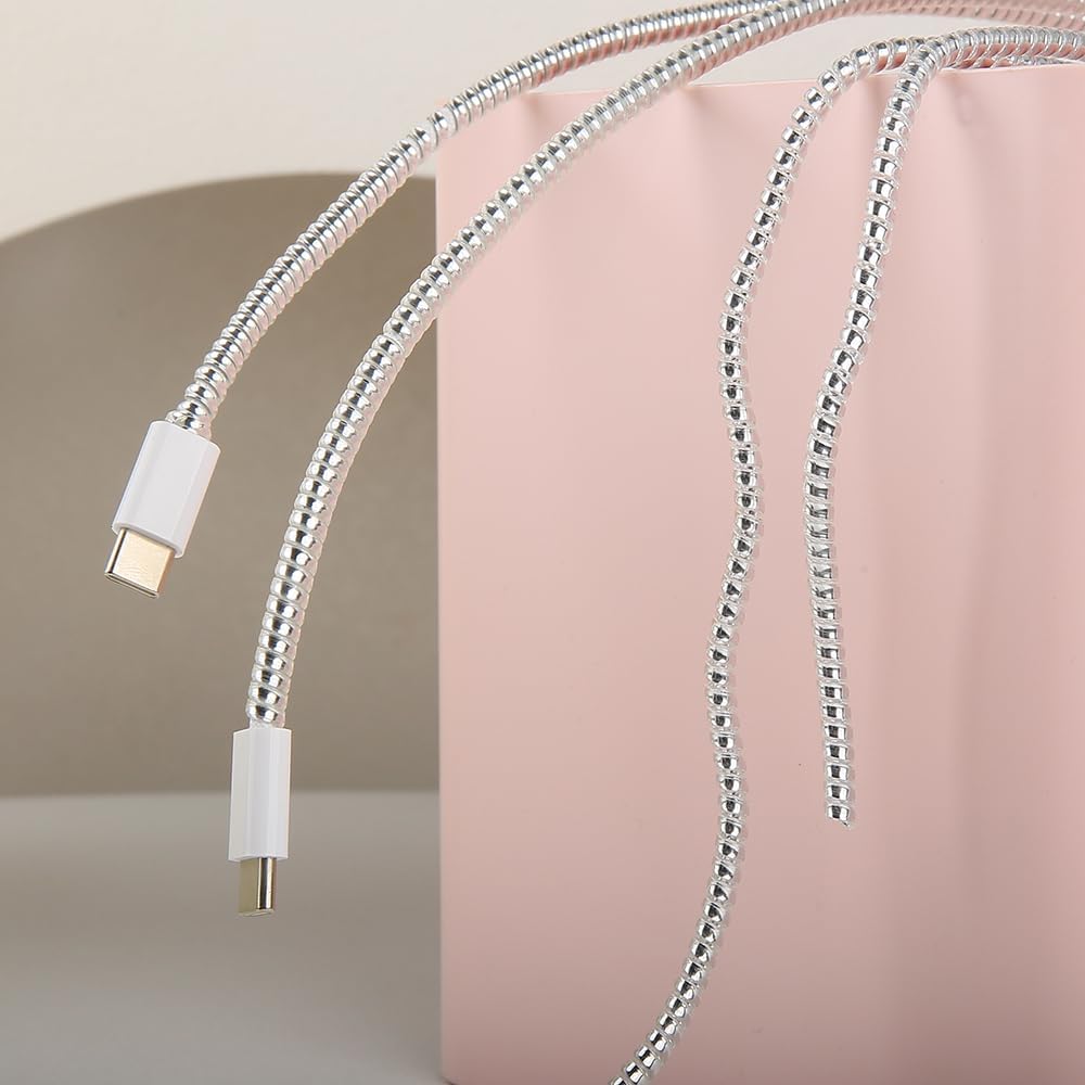 4pcs 1.6M(5.25FT) Spiral Cable Protector, Multicolor Suitable for Most Phone/Pad/Laptop USB Wire Cord Savers Protection Cover Anti-Break Wrap Charger Data Line Cables Sleeves, Laser Silver