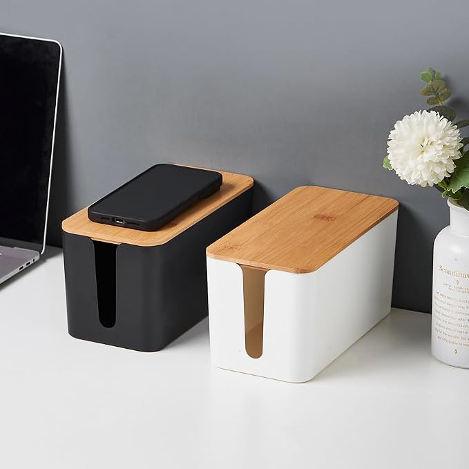 Bamboo Lid Management Box Cord Organizer Box for Power Strips Router