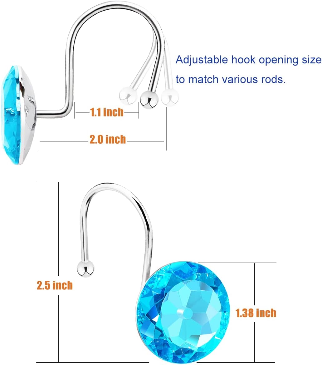 12PCS Stainless Steel Shower Curtain Hooks Rings for Bathroom, RustProof Metal Crystal Rhinestones Bling Shower Curtain Rings Hangers for Shower Curtains Decorative, Round Heavy Duty Hooks (Aqua Blue)