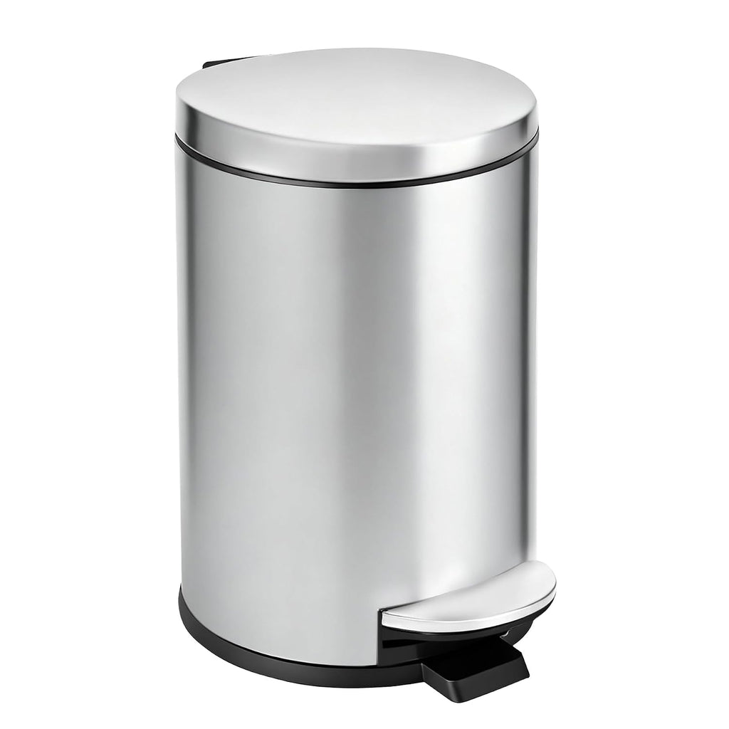 TIPGO Small Bathroom Trash Can with Lid Soft Close, 1.2 Gal, Silver