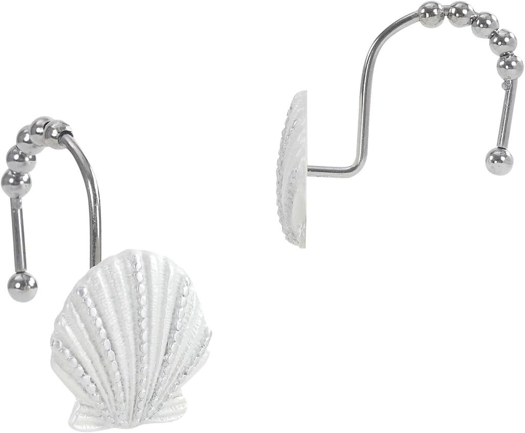 Coastal Seashell Shower Curtain Hooks, Under the Sea Beach Starfish Bathroom Shower Curtain Hooks Rust Proof, 5 Roller Ring Balls White Decorative Shower Hooks for Shower Curtain, Set of 12
