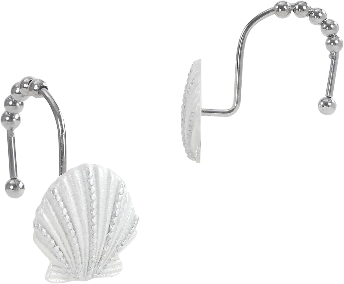 Coastal Seashell Shower Curtain Hooks, Under the Sea Beach Starfish Bathroom Shower Curtain Hooks Rust Proof, 5 Roller Ring Balls White Decorative Shower Hooks for Shower Curtain, Set of 12