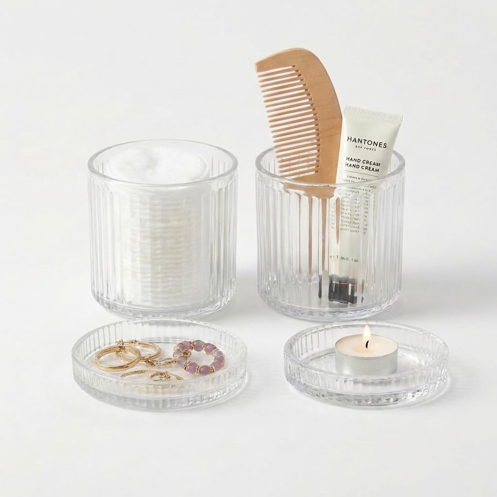 SheeChung 2 Pack Glass Qtip Holder Dispenser Set, Apothecary Jars with Lids