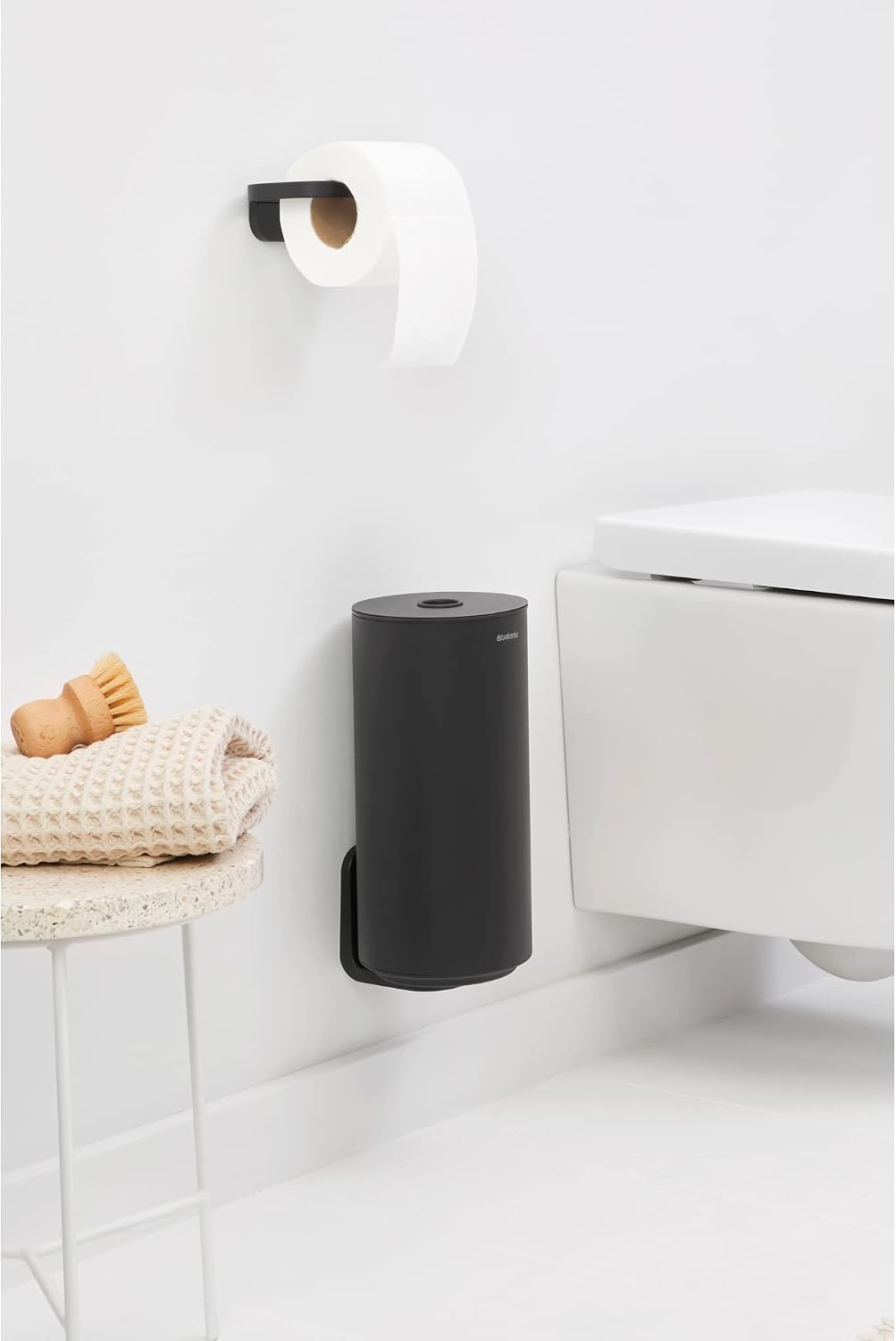 Brabantia Mindset Toilet Roll Dispenser (Mineral Infinite Gray) Anti-Rust, Discreet Bathroom Tissue Holder, 2 Spare Rolls (Ø 5.37") Wall-Mountable Tidy Storage