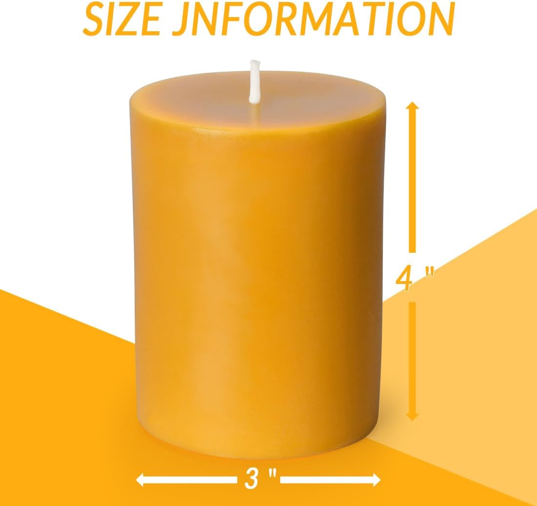 Beeswax Pillar Candles 3x4 Inch, Pure Natural Beeswax Candles - Unscented, Long Lasting Burn Time, Smokeless and Dripless