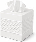 Monarch Abode Tissue Box Cover Square – Handcrafted Wave Embossed White Metal Tissue Holder Box for Bathroom Accessory, Aesthetic Decorative Facial Napkin Cube for Modern Home Decor