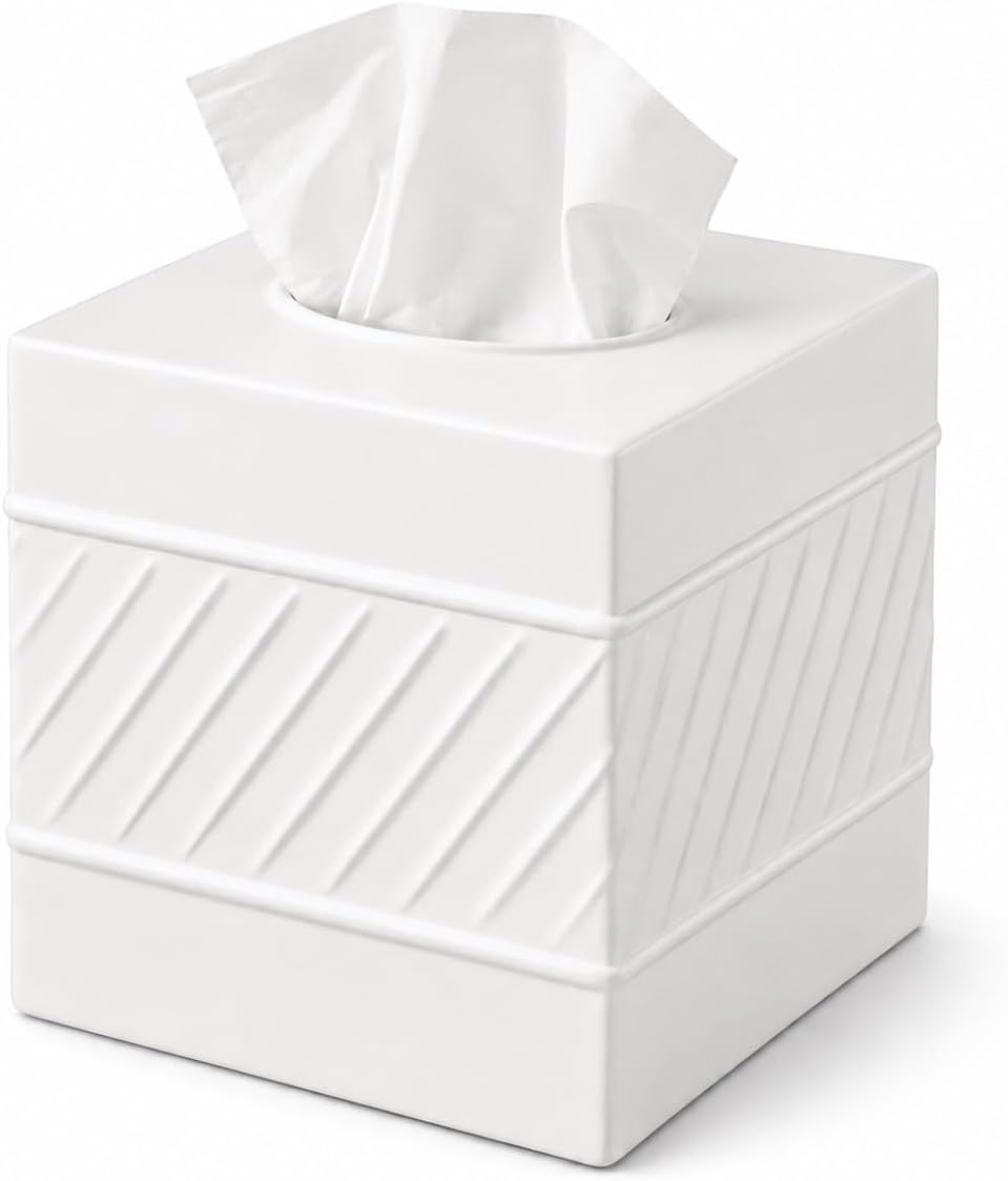 Monarch Abode Tissue Box Cover Square – Handcrafted Wave Embossed White Metal Tissue Holder Box for Bathroom Accessory, Aesthetic Decorative Facial Napkin Cube for Modern Home Decor