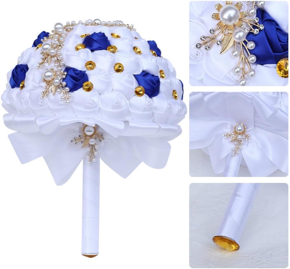 Bridal Wedding Bouquet with Golden Rhinestone Brooch Bouquet for Bride Bridesmaid Quinceanera Satin Rose Flower Bouquet Wedding Royal Blue and White 7.1in