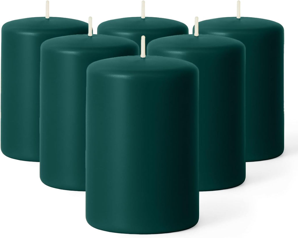 Biedermann & Sons Evergreen Pillar Candles (6 Pack), 4 Inch Tall 3 Inch Wide Round, Unscented Paraffin Wax, Approx 40 to 45 Hour Burn, Dripless Decorative Candles for Centerpieces