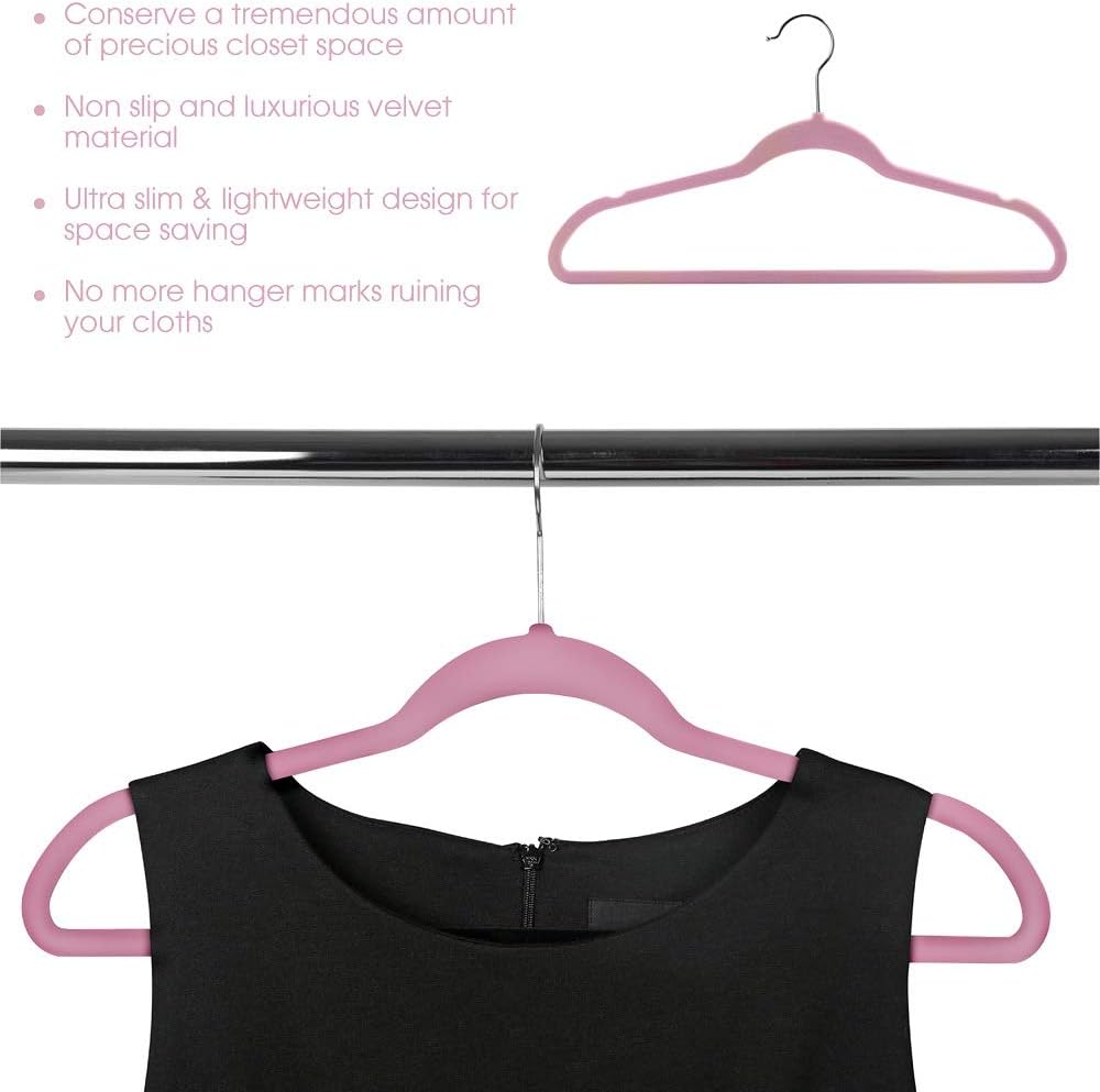 Elama 100 Piece Set of Velvet Slim Profile Heavy Duty Felt Hangers with Stainless Steel Swivel Hooks in Pink