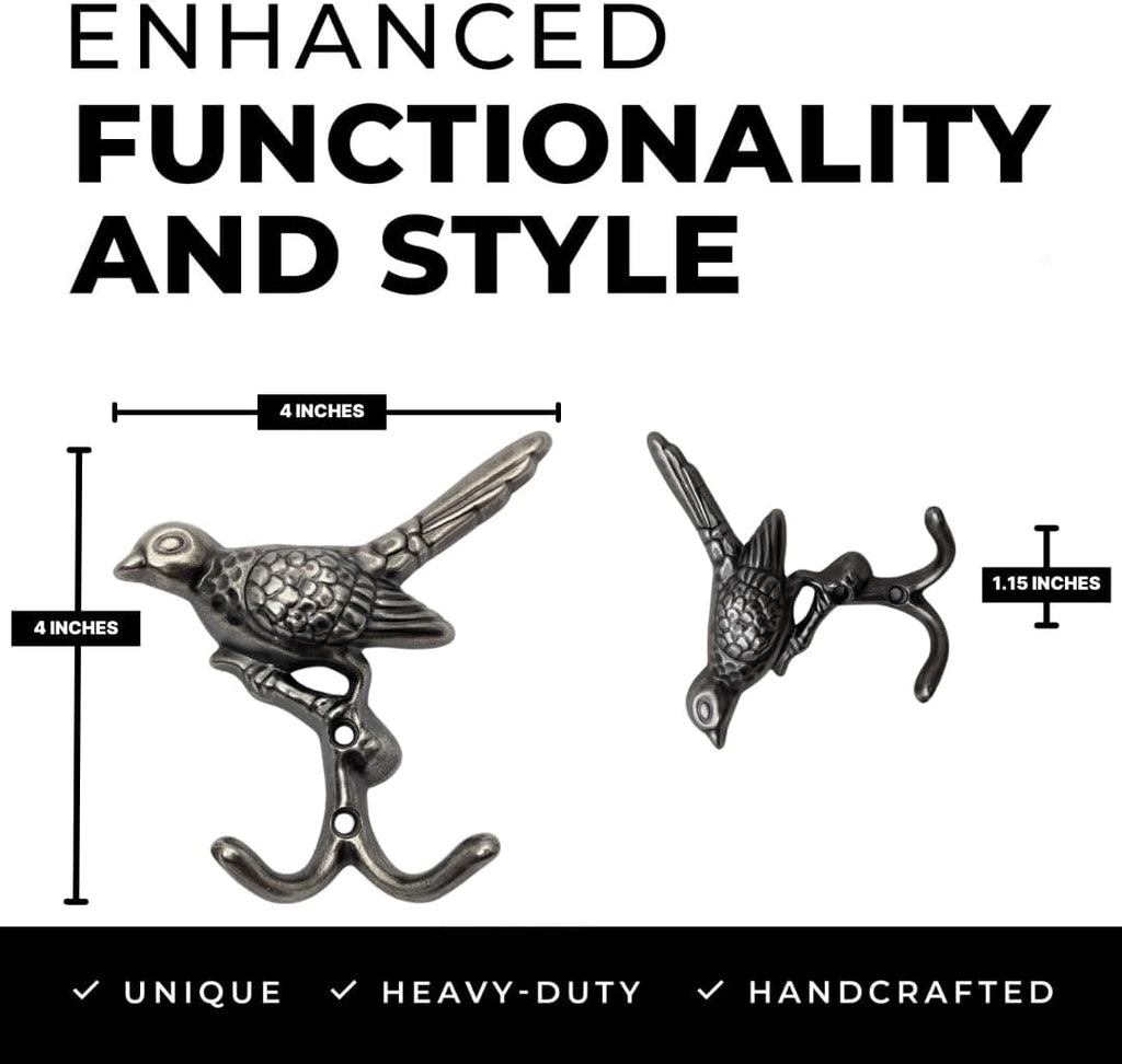 6 pcs Antique Silver Bird Decorative Wall Hooks for Hanging Coats, Keys, Towels, Bags, and More