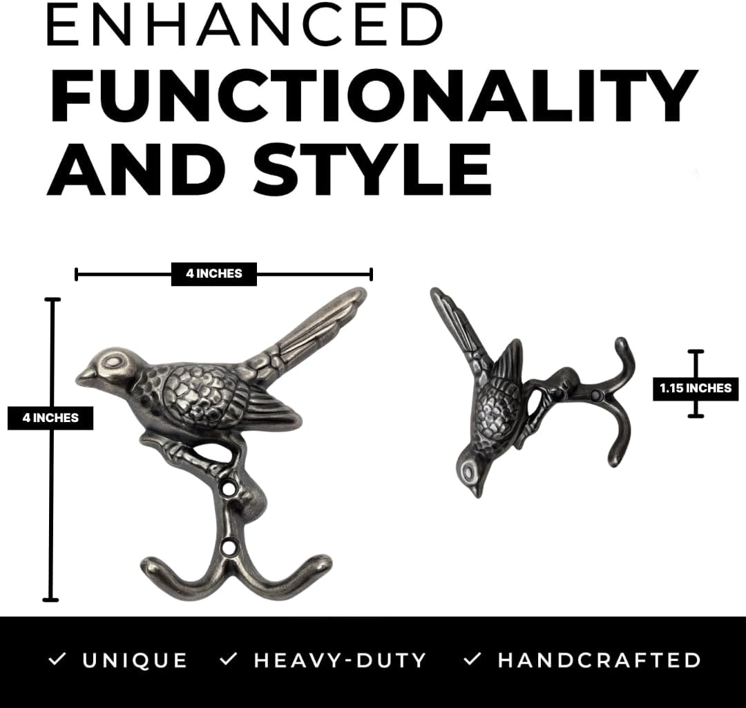 6 pcs Antique Silver Bird Decorative Wall Hooks for Hanging Coats, Keys, Towels, Bags, and More