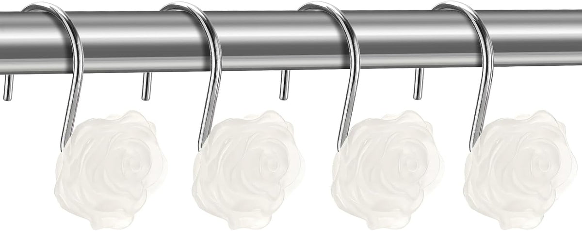 Rose Shower Curtain Hooks, Glow in The Dark, Pretty Floral Themed Elegant Bathroom Decor, White