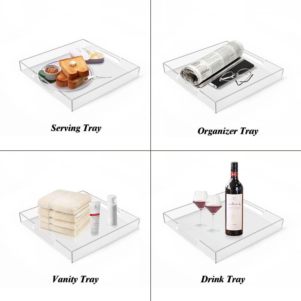 Acrylic Serving Tray (12x12x2Inch) with Handles -Spill Proof- Clear Decorative Tray for Appetizer,Breakfast -Countertop Organizer Storage Tray for Kitchen,Bathroom,Living Room