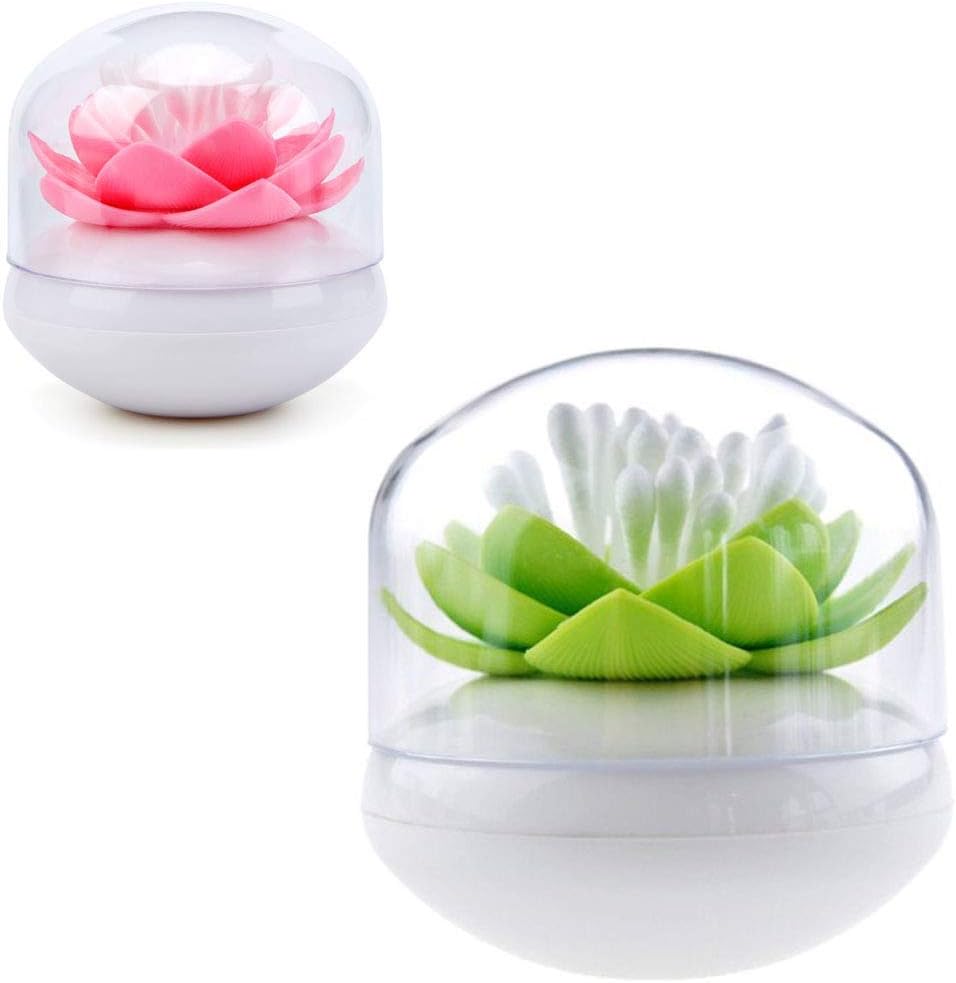 2-Pack Lotus Flowers Cotton Swab Holder, Small Q-Tips Toothpicks Storage Organizer,Bathroom Vanity Canister(Green+Pink)