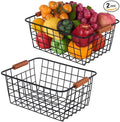JUNCHU CHERRY Wire Kitchen Storage Basket 2 Packs,Perfect Pantry Organization Accessories Baskets,Laundry Basket,With a Wooden handle,Suitable for Kitchen,Bathroom,Bedroom,Tabletop,Stackable,Black