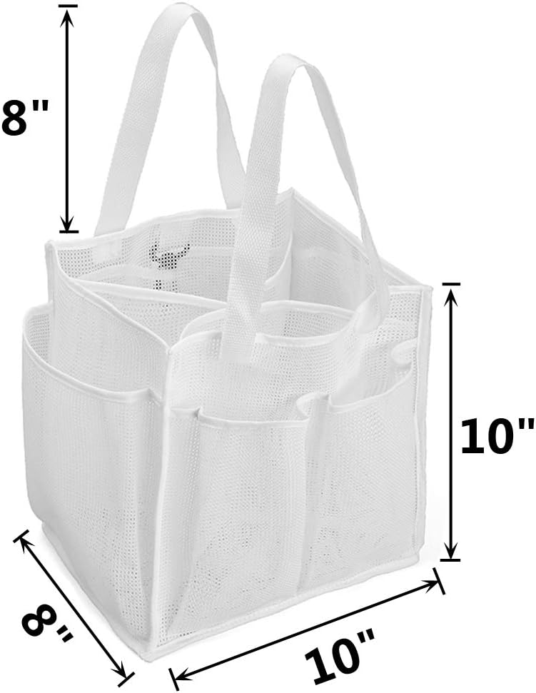 ALYER Mesh Shower Caddy Basket,Large Shower Bag Tote,Hanging Bath Toiletry Organizer with 1 Big Separated Inner Compartment and 6 Deep Outer Pockets (White)