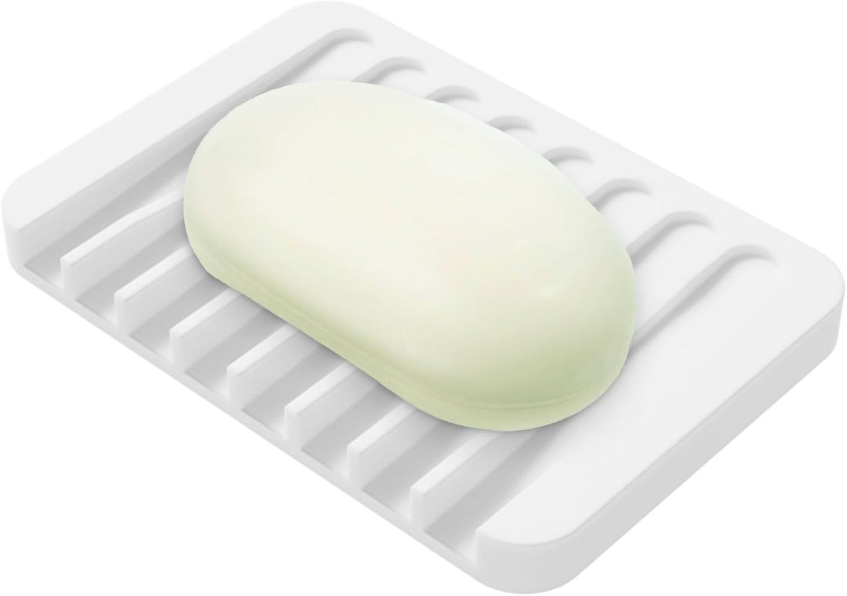 Aoheuo Modern Minimalist Style Soap Dish, Flexible Silicone Drain Soap Holder (White), 4.5" Long 3.2" Wide 0.4" High, Suitable for Kitchen, Bathroom and Bar Sinks