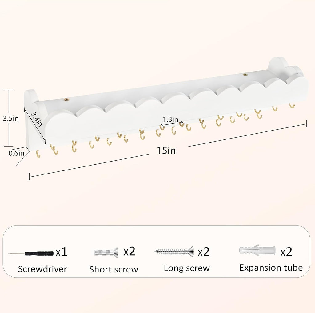Wall Mount Jewelry Organizer with 28 Hooks and Cosmetics Shelf, Modern Wood Hanging Jewelry Holder for Necklaces, Bracelets, Earrings and Rings, White