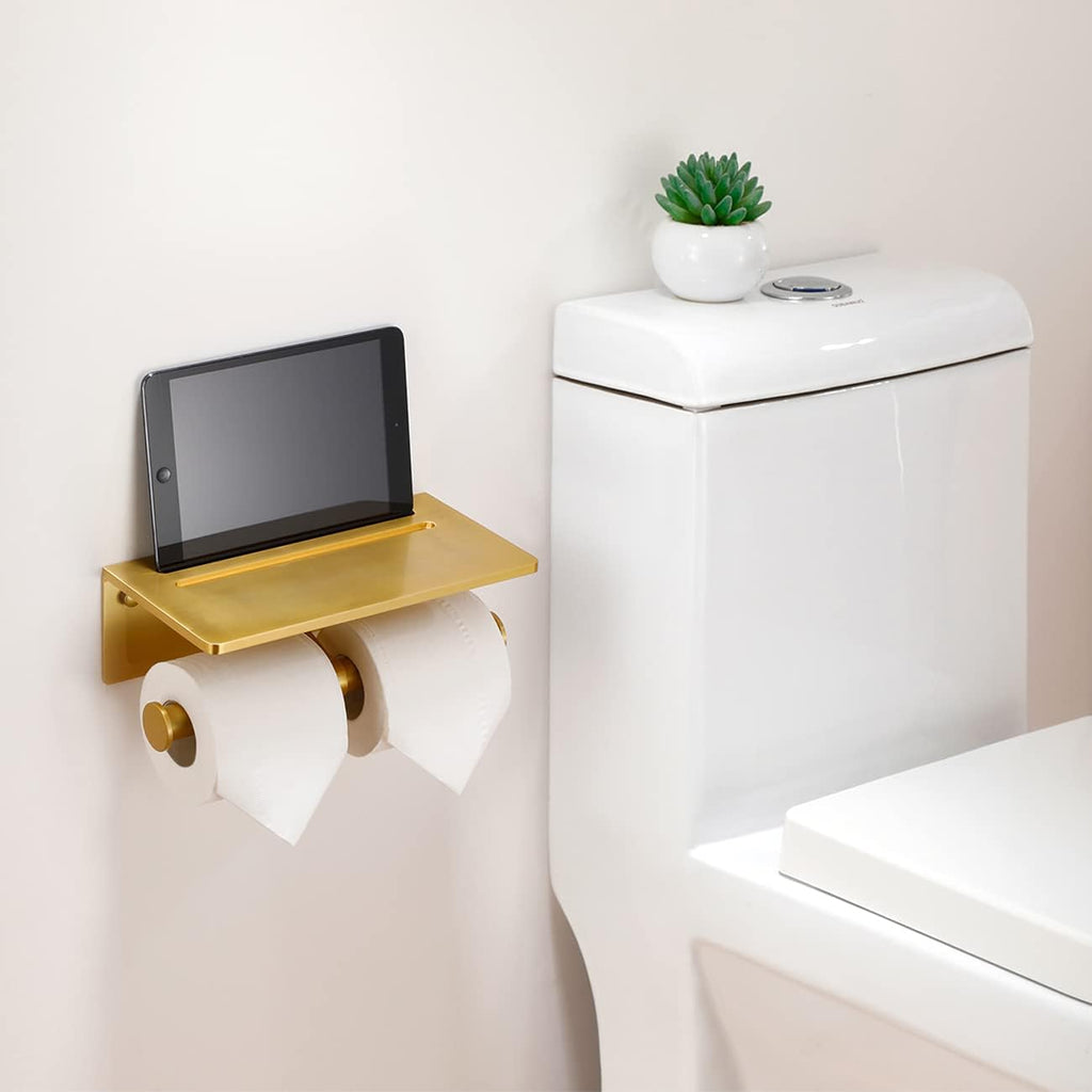 Toilet Paper Holder with Phone Shelf - Aluminum Double Roll Tissue Holder