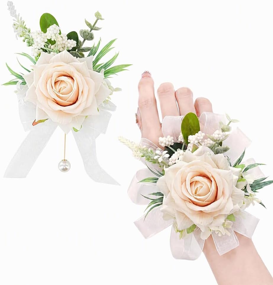 Champagne Corsage and Boutonniere Set Girl Prom Corsage Wristlet