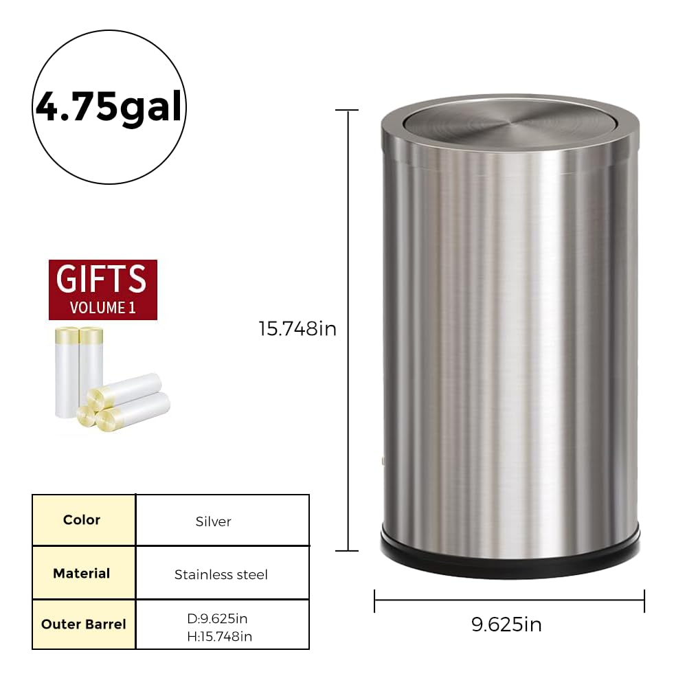 4.8GALStainless Steel Bathroom Trash Can with Lid, Silver Trash Can with Flipping Lid, Garbage cans for Kitchen，Living Room,Dental Office，Hotel,Guest Room(4.7gal-Silver)