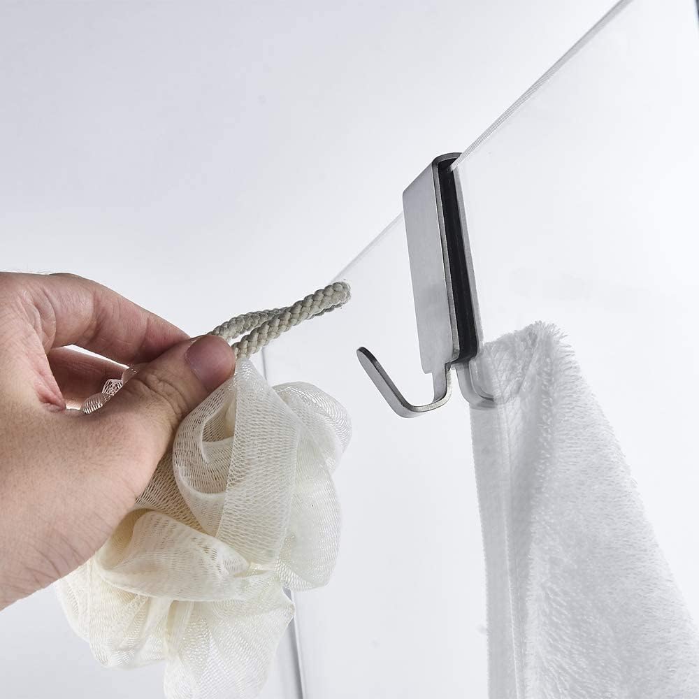 Double Hooks for Glass Shower Door, Towel Hooks Over The Bathroom Glass Wall 0.31-0.39in, Stainless Steel, Brushed,4 Pack.