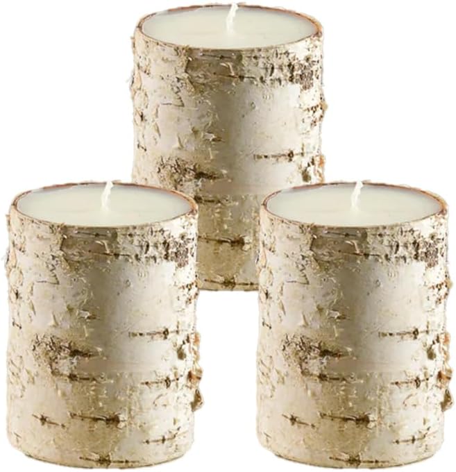 Serene Spaces Living Birch Bark Unscented Pillar Candles, Rustic Decorative Candles for Weddings, Events, Restaurants, Parties & Natural Home Decor, 3" Diameter x 4" Tall, Pack of 3