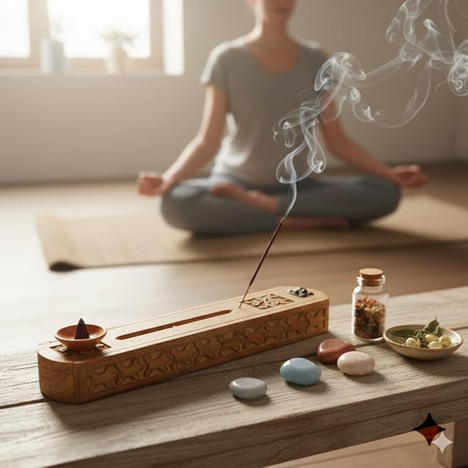 Handmade Wooden Incense Burner & Storage Box Set with 45 Incense Sticks & 21 Cones – Ayurveda Vata Pitta Kapha Aromatherapy Holder with Ceramic & Wooden Stand, Meditation Gift Set