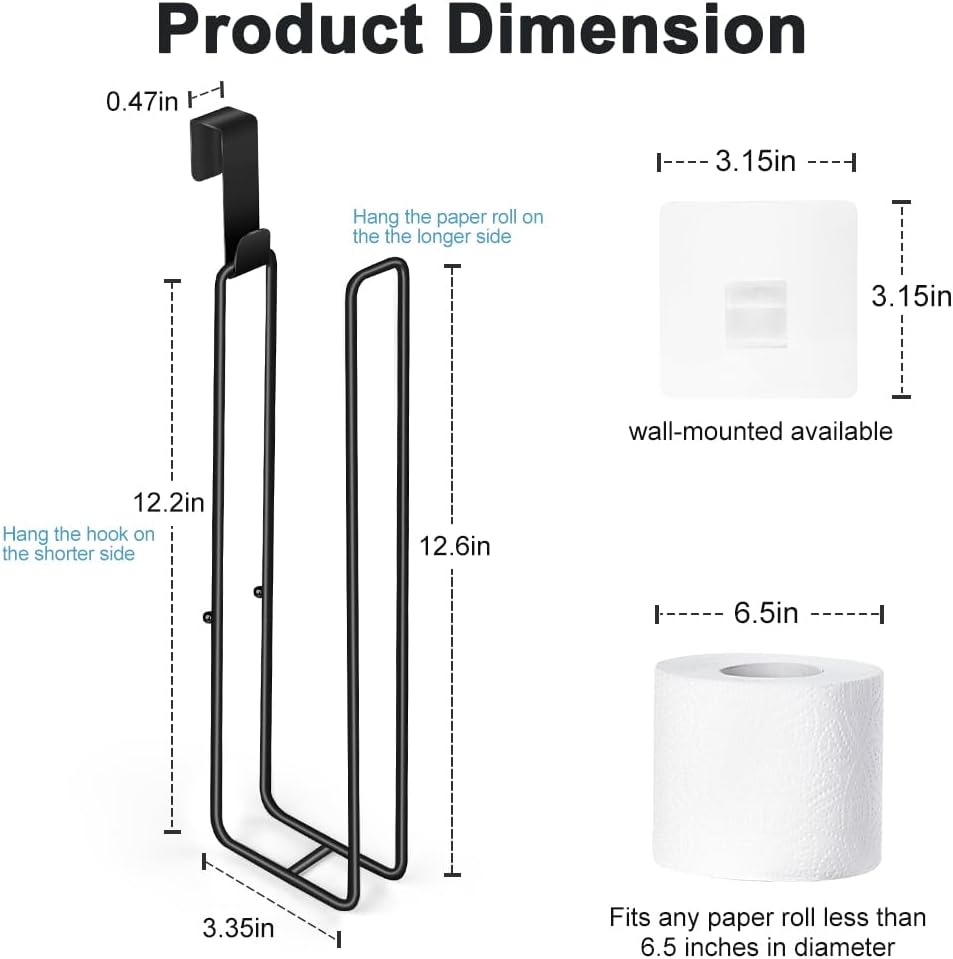 Matte Black Extra Toilet Paper Storage for 3 Roll Tissue Over The Tank Toilet Paper Roll Holder Stainless Steel Adhesive Hanging Toilets Tissue Holder Wall Mounted for Bathroom RV Camper(2 Pack)