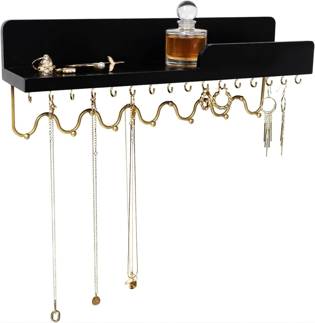 Hanging Jewelry Organizer with 29 Hooks and Cosmetics Shelf, Modern Wood Wall Mounted Jewelry Holder for Necklaces, Bracelets, Earrings and Rings, Black