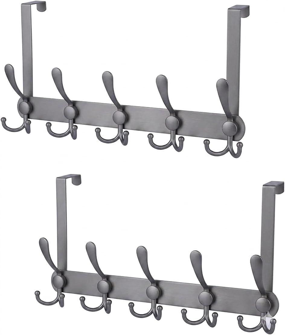 Over The Door Hooks (2-Pack), Heavy Duty Door Hanger with 5 Tri-Hooks for Hanging Clothes, Coats, Towels, Matte Gray OTD Storage Rack, Fits Standard 1-3/4" Doors, 60 lbs Max Per Rack