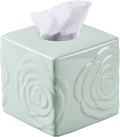Light Green Ceramic Cube Tissue Box Cover with Rose – Large Elegant Rose Floral Square Decorative Tissue Box Holder for Bathroom, Bedroom, Office Desk, Kitchen Counter – Perfect Housewarming Gift