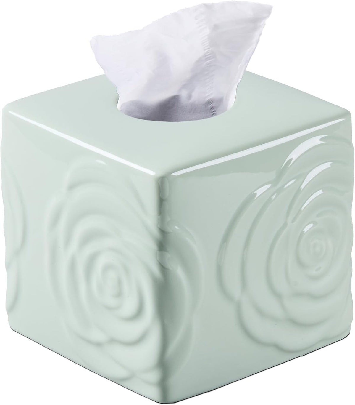 Light Green Ceramic Cube Tissue Box Cover with Rose – Large Elegant Rose Floral Square Decorative Tissue Box Holder for Bathroom, Bedroom, Office Desk, Kitchen Counter – Perfect Housewarming Gift