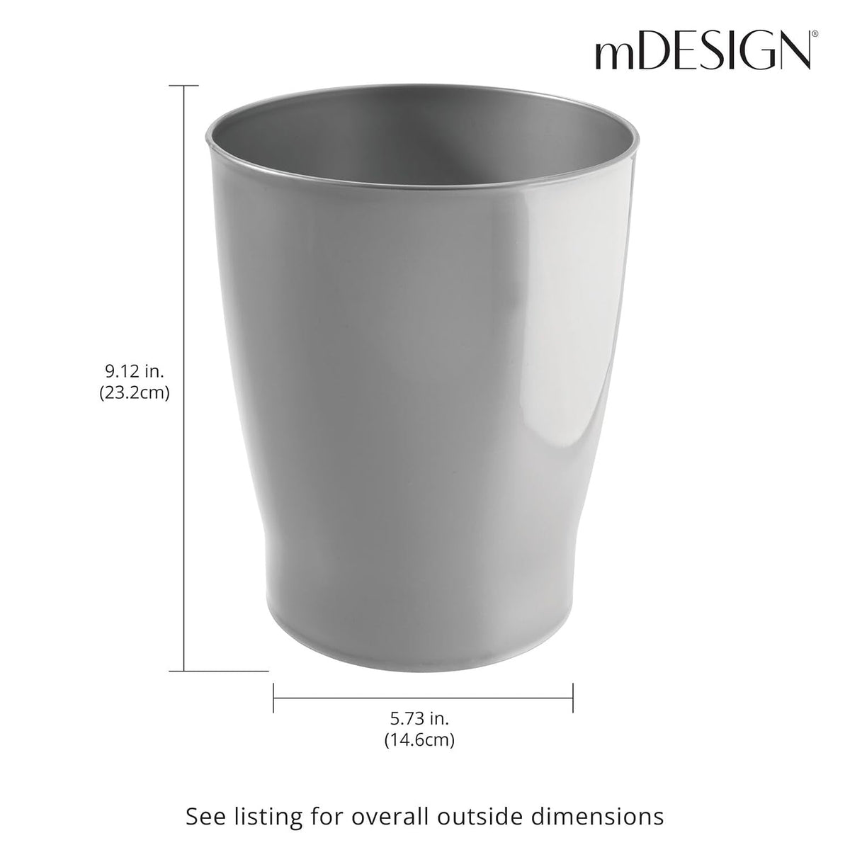 mDesign Round Plastic Bathroom Garbage Can, 1.25 Gallon Wastebasket, Garbage Bin, Trash Can for Bathroom, Bedroom, and Kids Room - Small Trash Can - Fyfe Collection - Silver